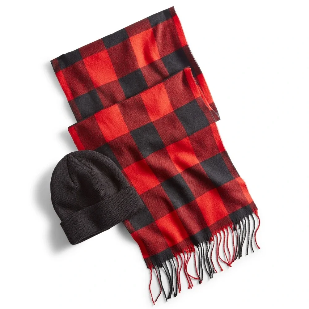 Club Room Beanie Mens Hat & Scarf Gift Set Red Black Buffalo Plaid Fringe‎ NWT